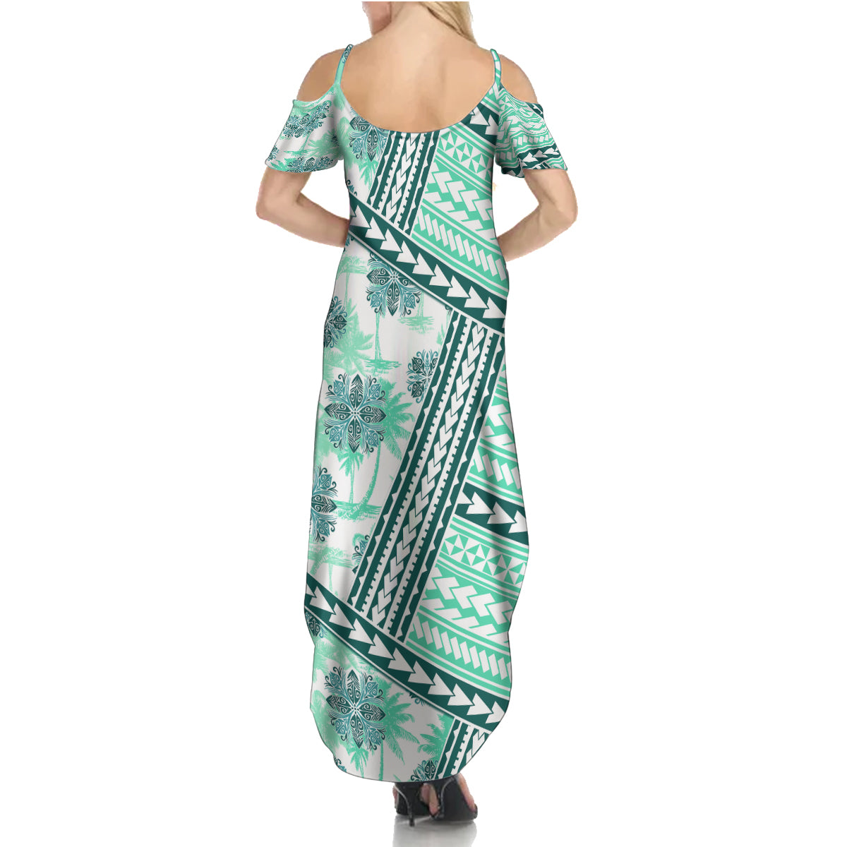 Hawaii Quilt Family Matching Summer Maxi Dress and Hawaiian Shirt Kakau Polynesian Pattern Teal Version LT01 - Polynesian Pride