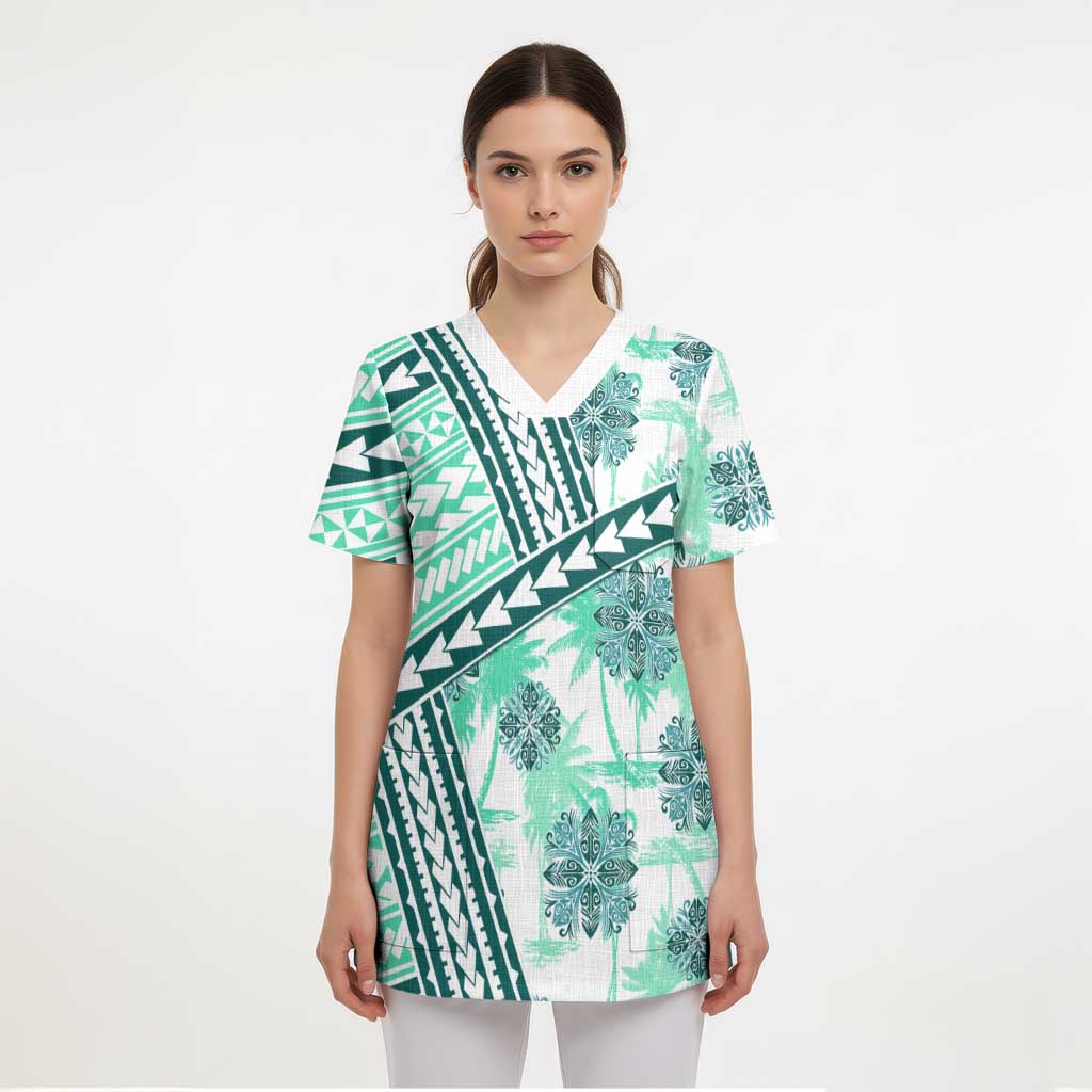 Hawaii Quilt Scrub Top Kakau Polynesian Pattern Teal Version - Polynesian Pride