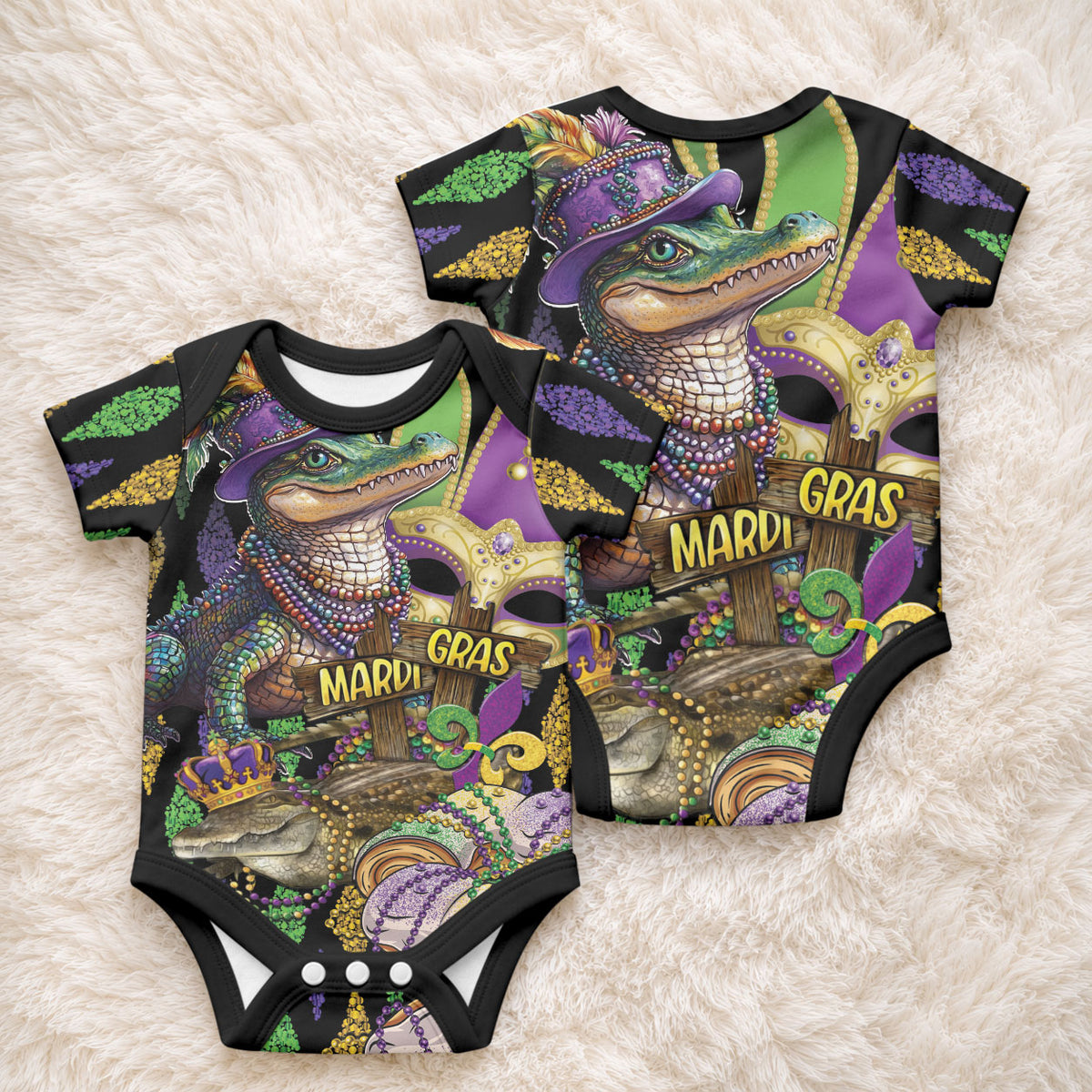 Mardi Gras Alligator Baby Onesie Fleur De Lis Glitter Style LT01 - Polynesian Pride