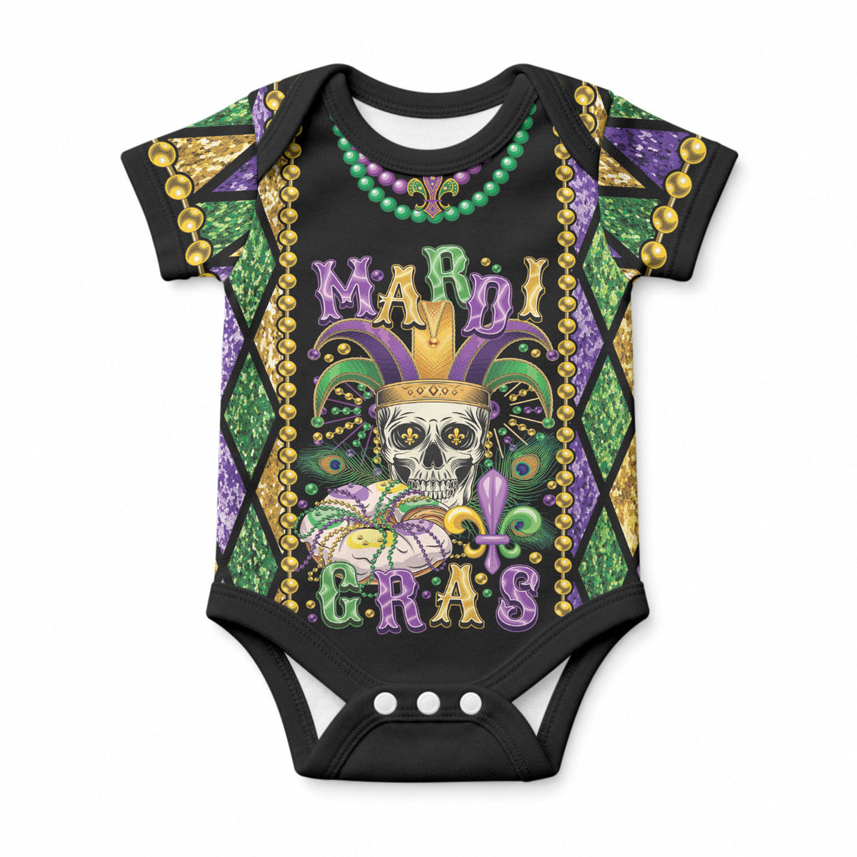 Mardi Gras Skull Baby Onesie Beads Fleur De Lis LT01 Colorful - Polynesian Pride