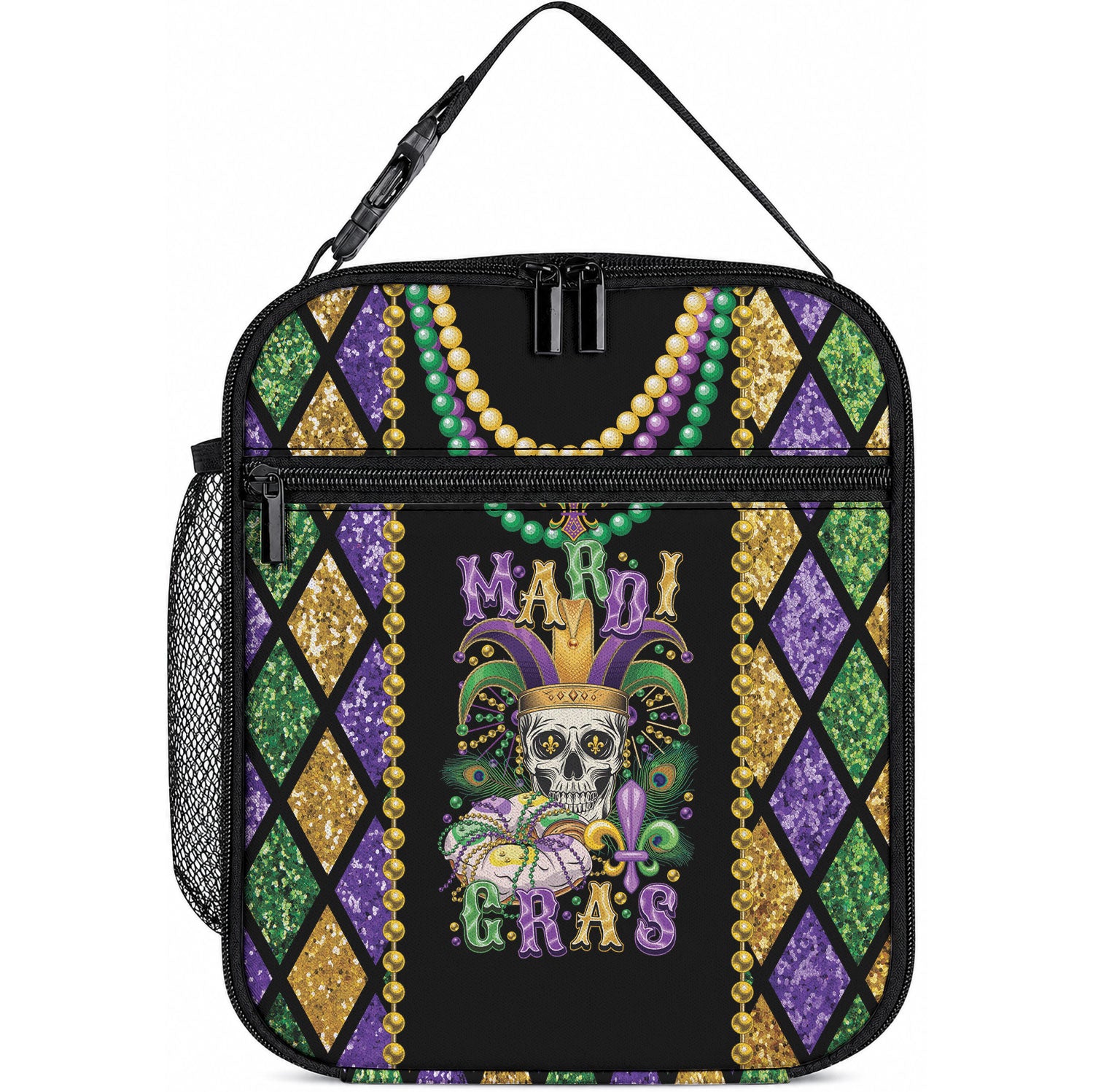 Mardi Gras Skull Lunch Bag Beads Fleur De Lis LT01 10.2 × 8.3 × 4.3 inch Colorful - Polynesian Pride