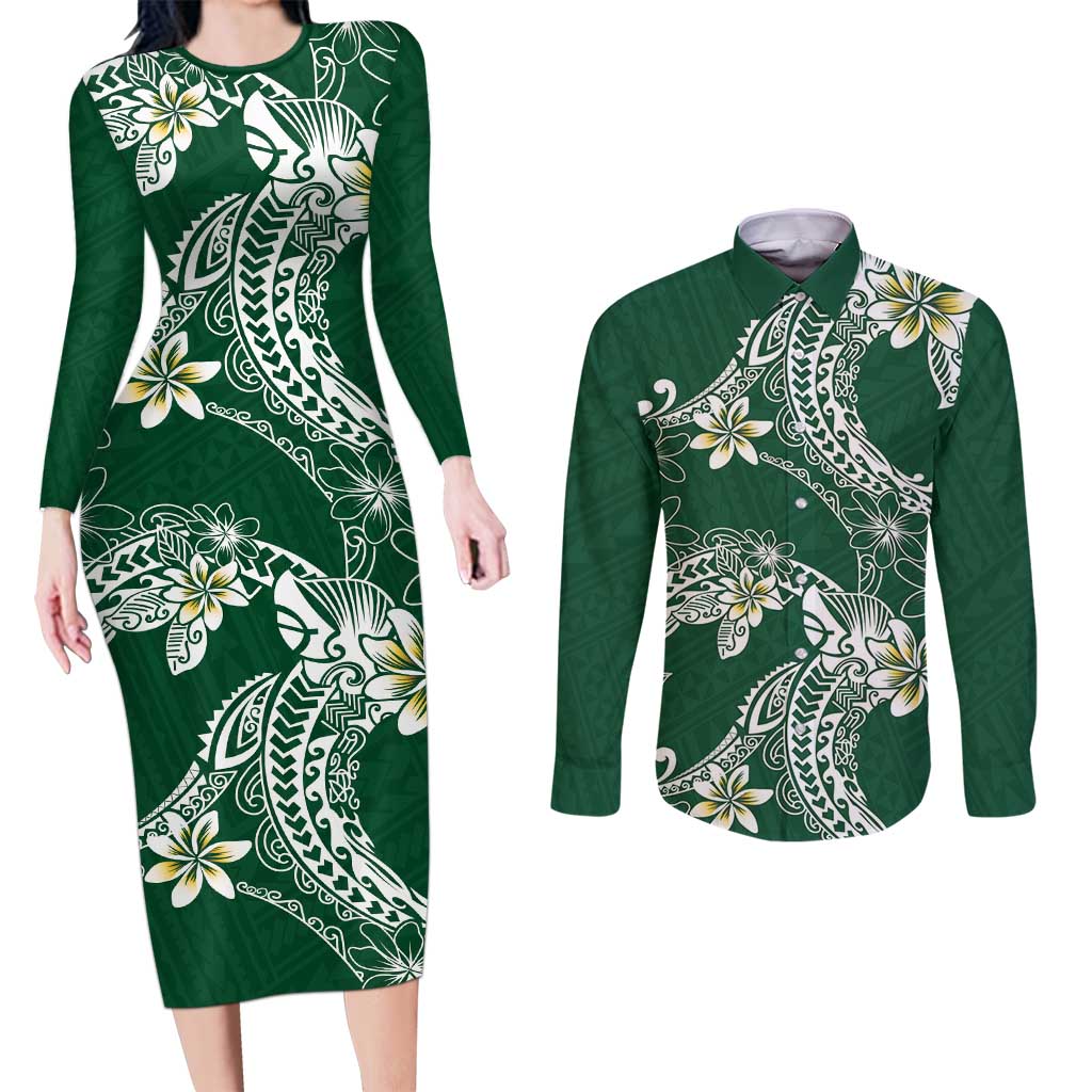 Polynesian Hawaiian Plumeria Tribal Pattern Couples Matching Long Sleeve Bodycon Dress and Long Sleeve Button Shirt Green Version LT01 Green - Polynesian Pride