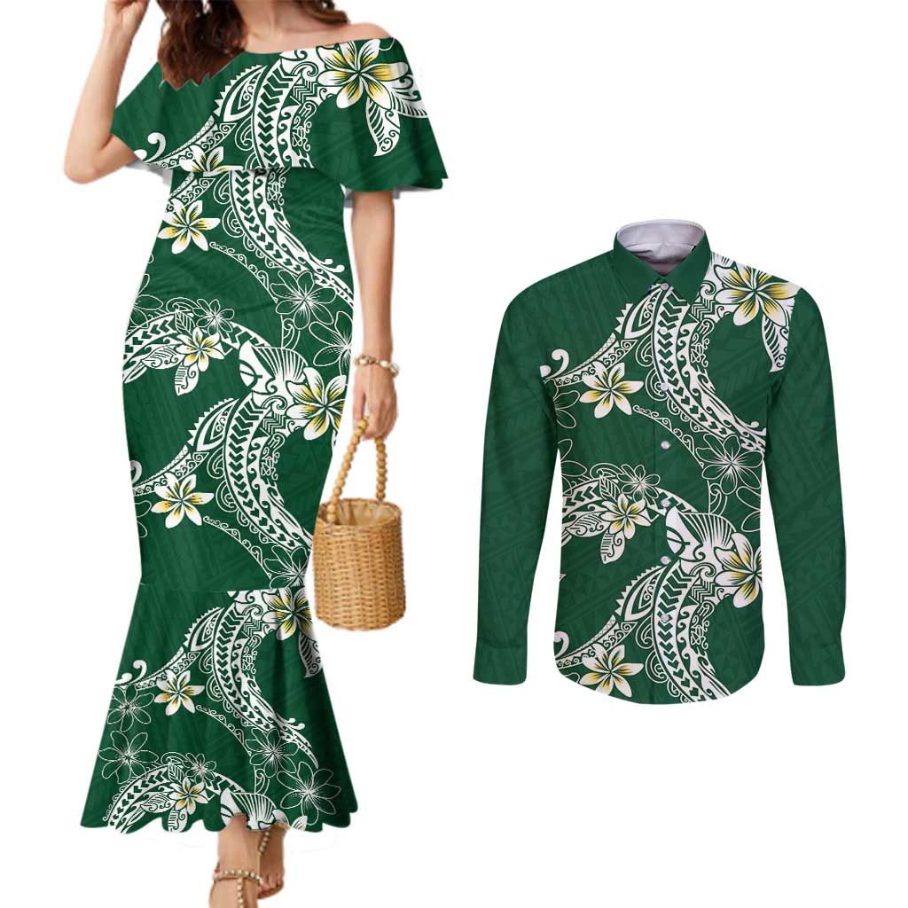 Polynesian Hawaiian Plumeria Tribal Pattern Couples Matching Mermaid Dress and Long Sleeve Button Shirt Green Version LT01 Green - Polynesian Pride