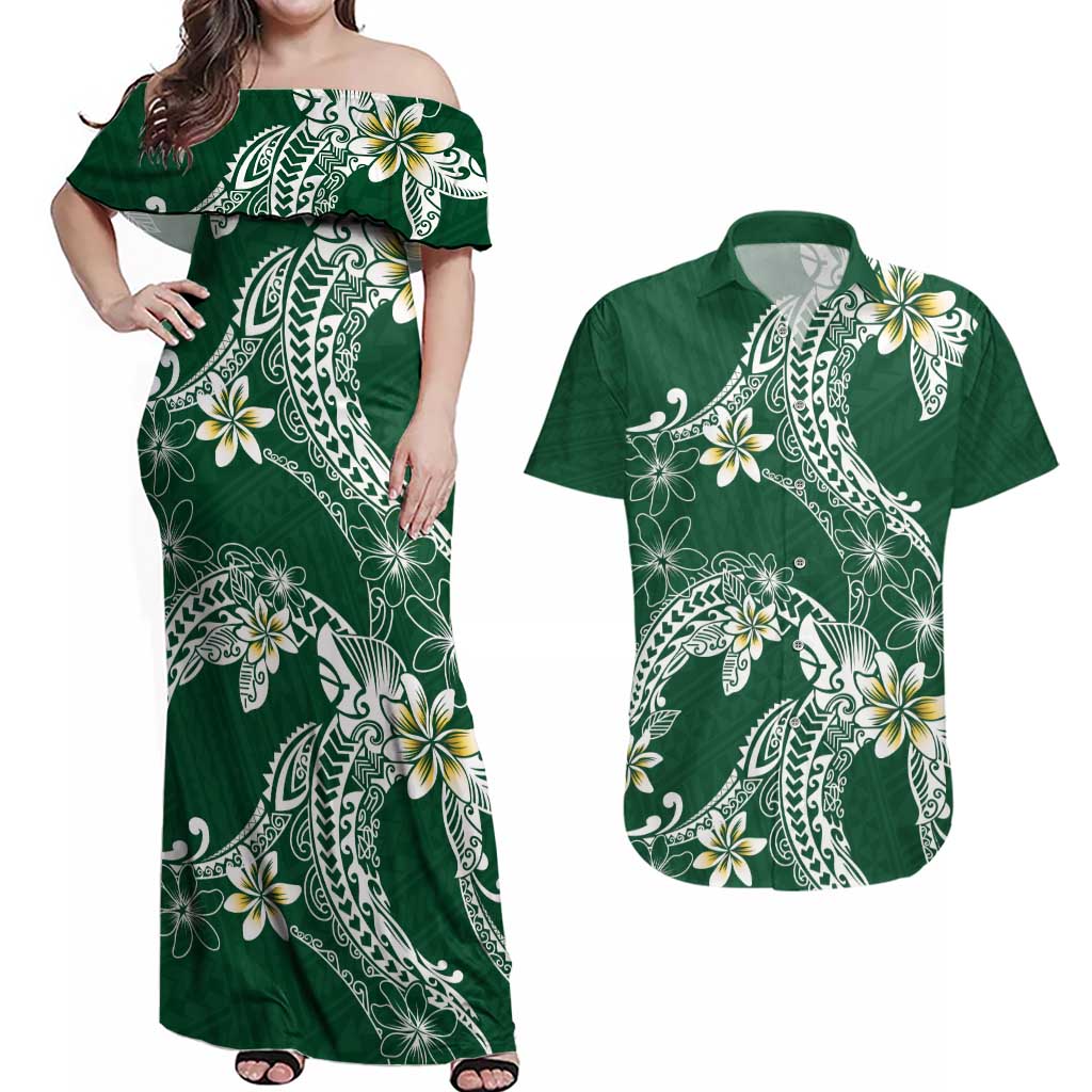 Polynesian Hawaiian Plumeria Tribal Pattern Couples Matching Off Shoulder Maxi Dress and Hawaiian Shirt Green Version LT01 Green - Polynesian Pride