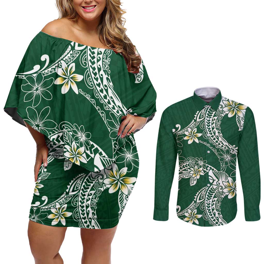 Polynesian Hawaiian Plumeria Tribal Pattern Couples Matching Off Shoulder Short Dress and Long Sleeve Button Shirt Green Version LT01 Green - Polynesian Pride