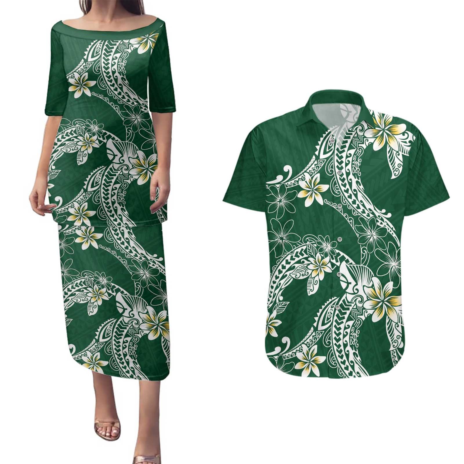 Polynesian Hawaiian Plumeria Tribal Pattern Couples Matching Puletasi and Hawaiian Shirt Green Version LT01 Green - Polynesian Pride