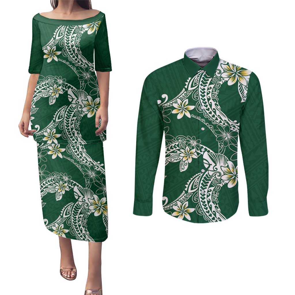 Polynesian Hawaiian Plumeria Tribal Pattern Couples Matching Puletasi and Long Sleeve Button Shirt Green Version LT01 Green - Polynesian Pride
