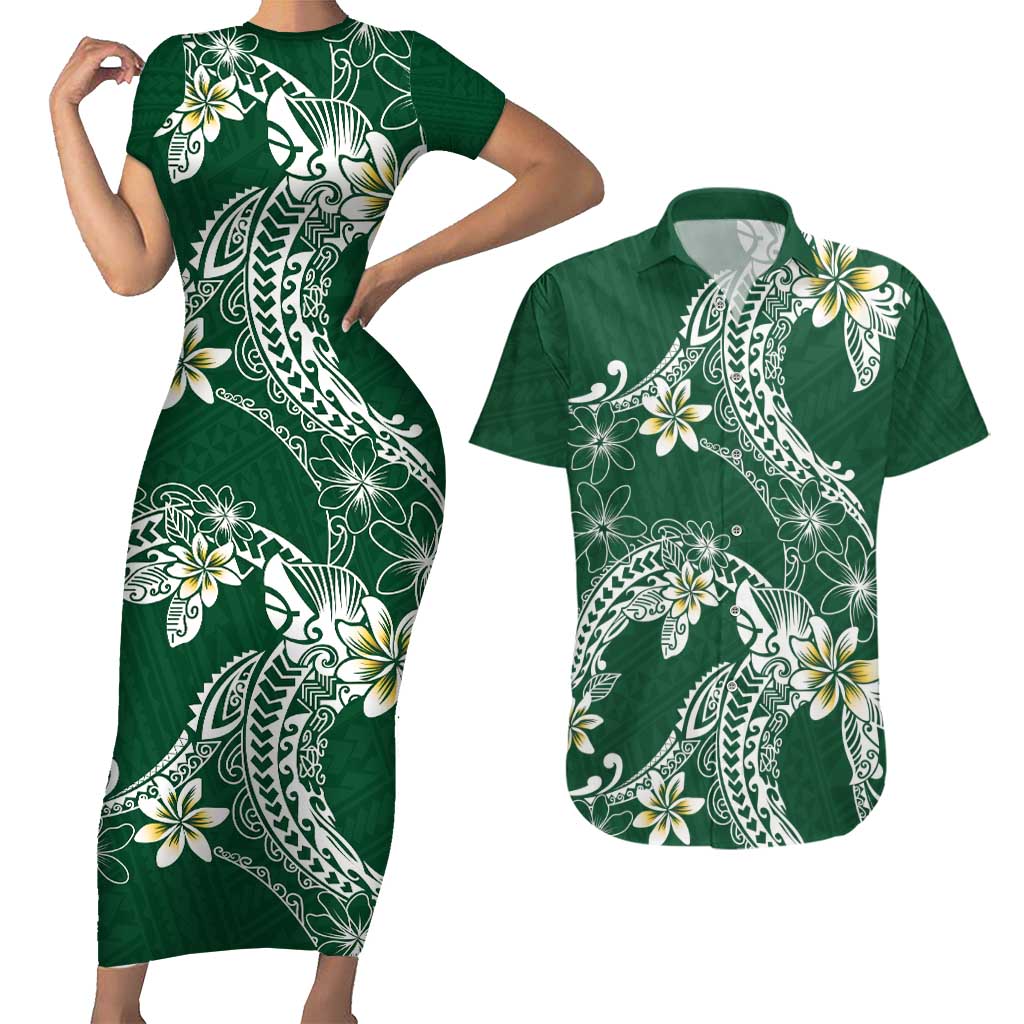 Polynesian Hawaiian Plumeria Tribal Pattern Couples Matching Short Sleeve Bodycon Dress and Hawaiian Shirt Green Version LT01 Green - Polynesian Pride
