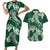 Polynesian Hawaiian Plumeria Tribal Pattern Couples Matching Short Sleeve Bodycon Dress and Hawaiian Shirt Green Version