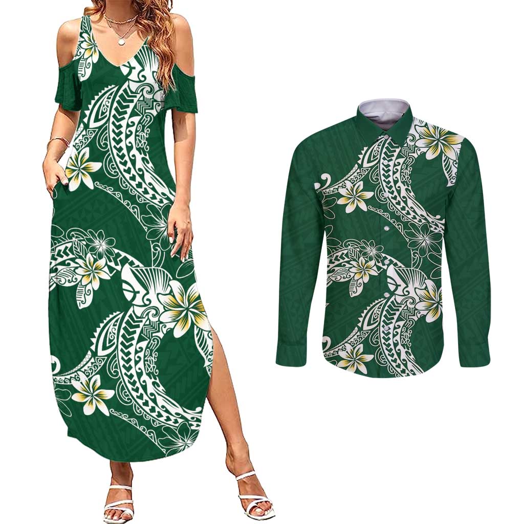 Polynesian Hawaiian Plumeria Tribal Pattern Couples Matching Summer Maxi Dress and Long Sleeve Button Shirt Green Version LT01 Green - Polynesian Pride