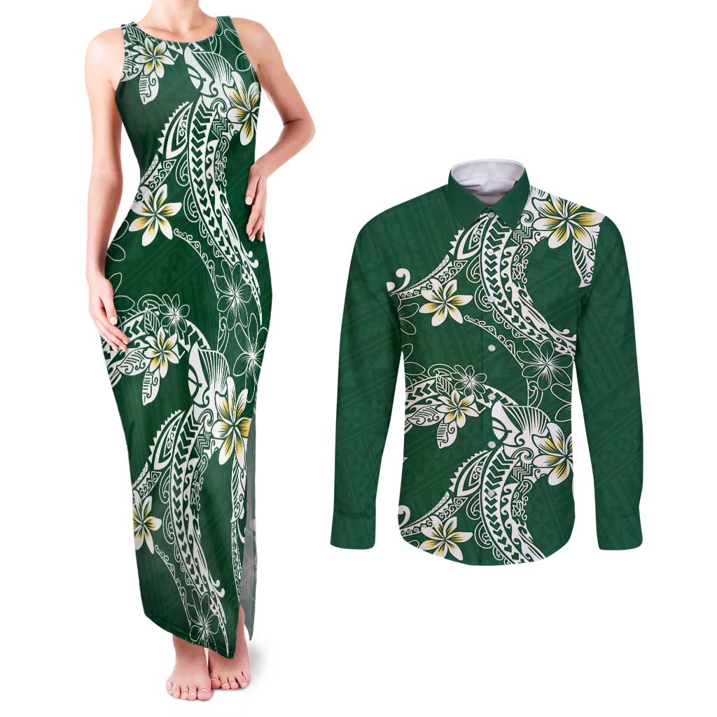 Polynesian Hawaiian Plumeria Tribal Pattern Couples Matching Tank Maxi Dress and Long Sleeve Button Shirt Green Version LT01 Green - Polynesian Pride