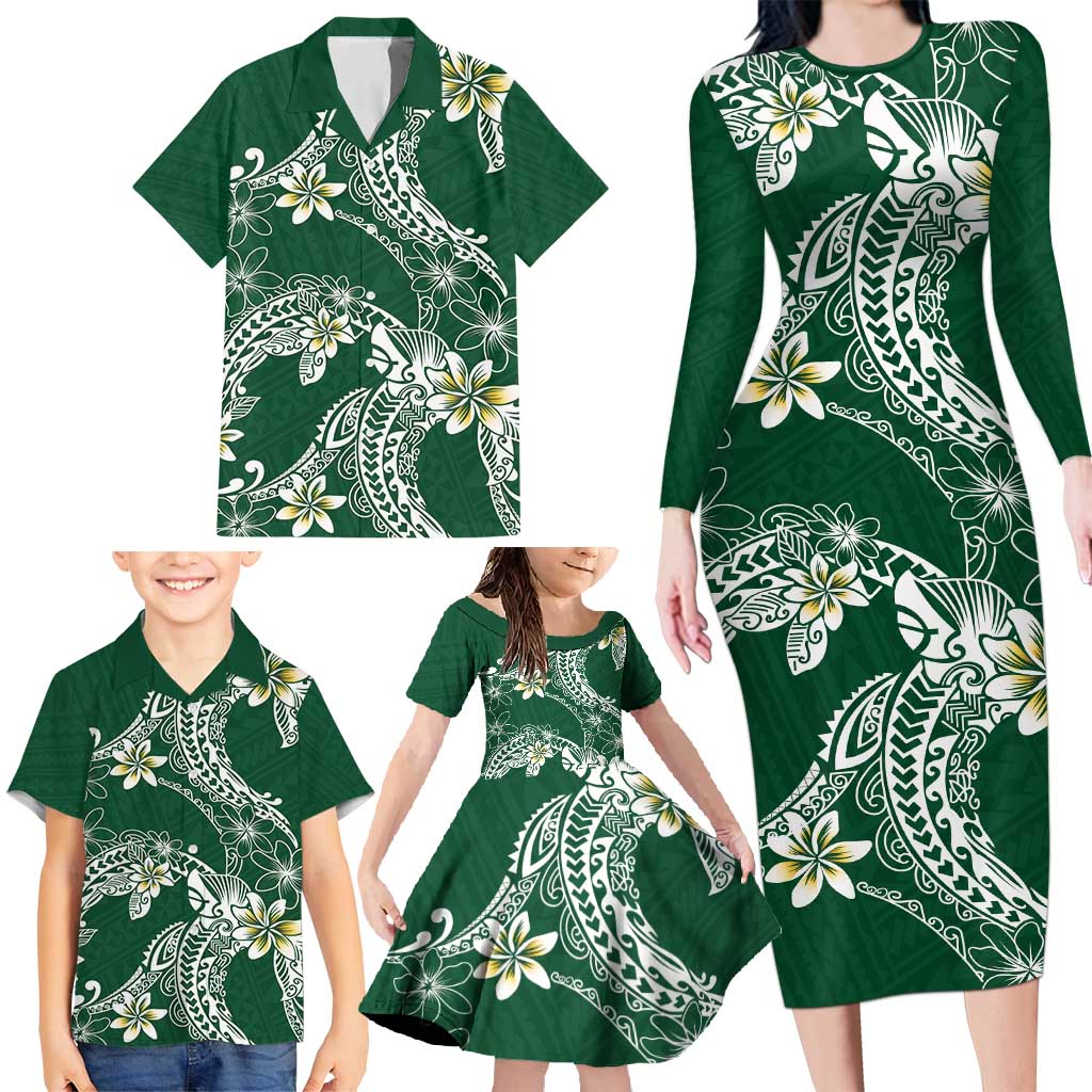 Polynesian Hawaiian Plumeria Tribal Pattern Family Matching Long Sleeve Bodycon Dress and Hawaiian Shirt Green Version LT01 - Polynesian Pride