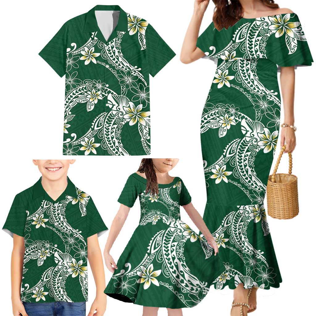 Polynesian Hawaiian Plumeria Tribal Pattern Family Matching Mermaid Dress and Hawaiian Shirt Green Version LT01 - Polynesian Pride