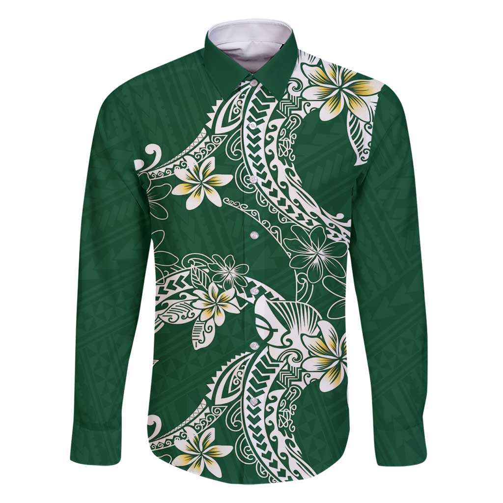 Polynesian Hawaiian Plumeria Tribal Pattern Family Matching Mermaid Dress and Hawaiian Shirt Green Version LT01 Dad's Shirt - Long Sleeve Green - Polynesian Pride