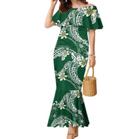 Polynesian Hawaiian Plumeria Tribal Pattern Family Matching Mermaid Dress and Hawaiian Shirt Green Version LT01 Mom's Dress Green - Polynesian Pride