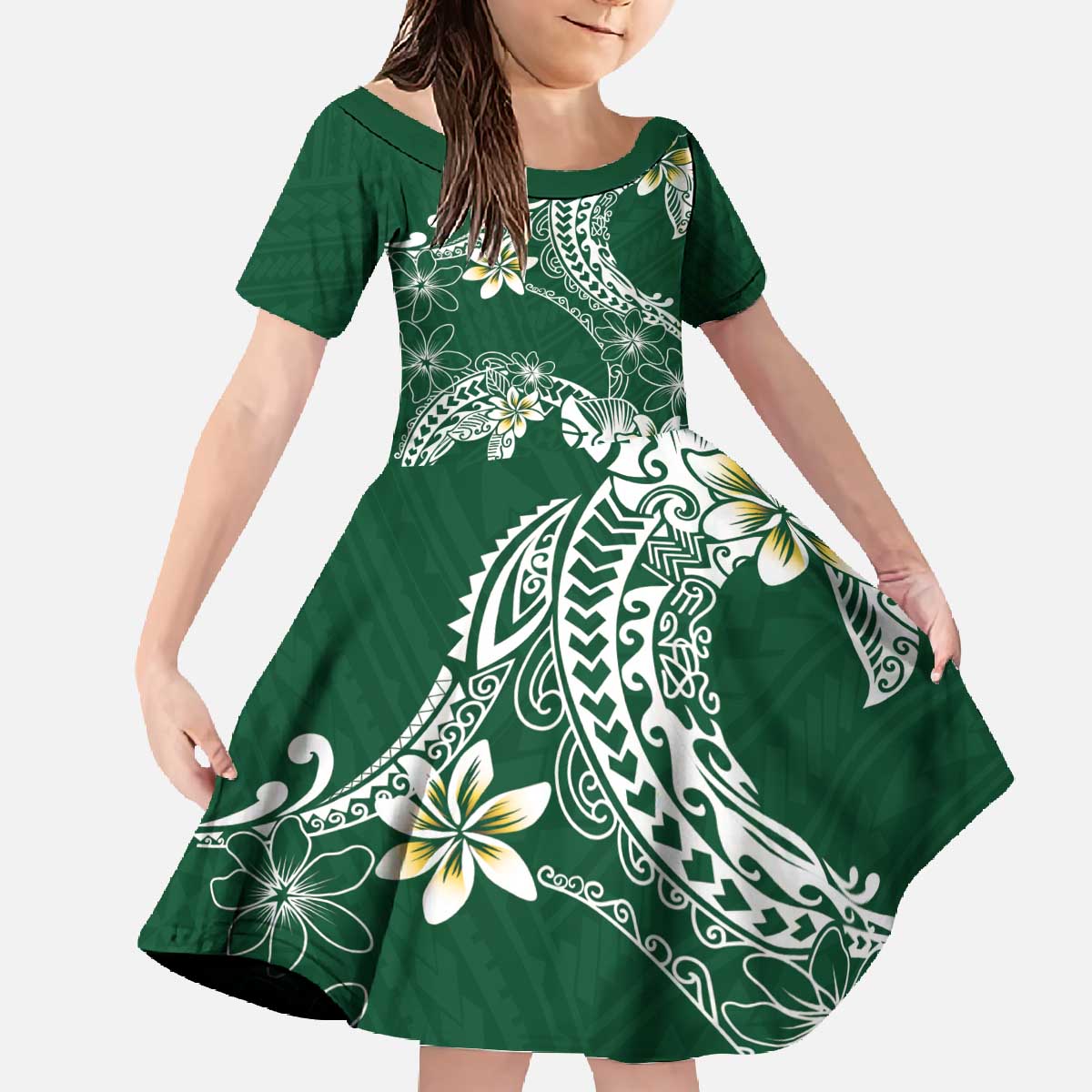 Polynesian Hawaiian Plumeria Tribal Pattern Family Matching Off The Shoulder Long Sleeve Dress and Hawaiian Shirt Green Version LT01 Daughter's Dress Green - Polynesian Pride