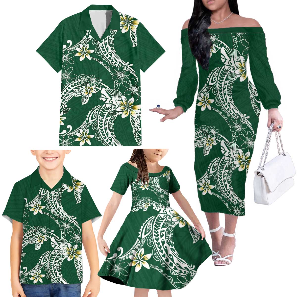 Polynesian Hawaiian Plumeria Tribal Pattern Family Matching Off The Shoulder Long Sleeve Dress and Hawaiian Shirt Green Version LT01 - Polynesian Pride