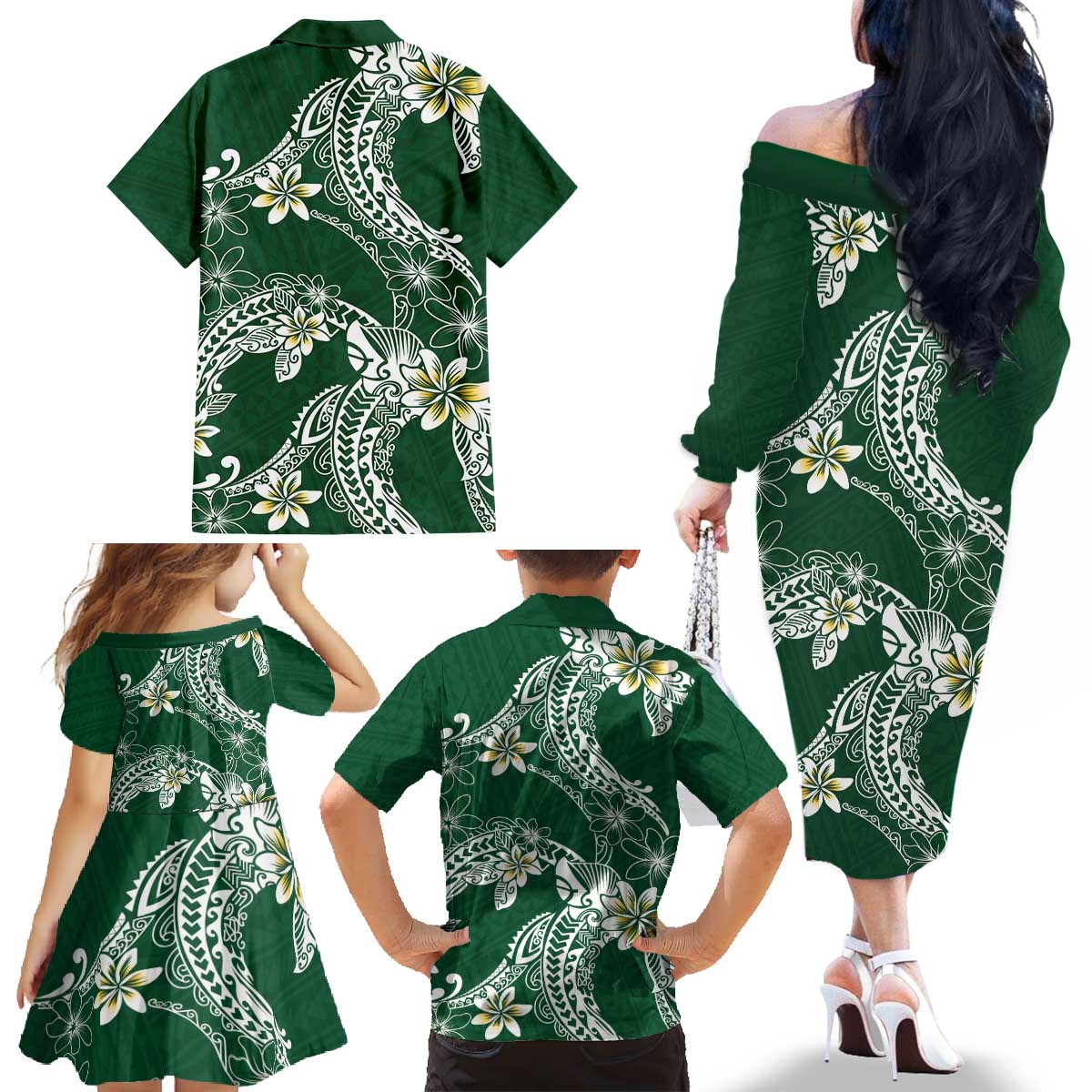 Polynesian Hawaiian Plumeria Tribal Pattern Family Matching Off The Shoulder Long Sleeve Dress and Hawaiian Shirt Green Version LT01 - Polynesian Pride