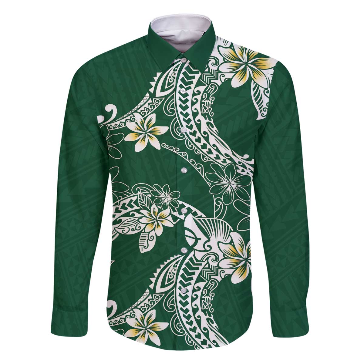 Polynesian Hawaiian Plumeria Tribal Pattern Family Matching Off The Shoulder Long Sleeve Dress and Hawaiian Shirt Green Version LT01 Dad's Shirt - Long Sleeve Green - Polynesian Pride