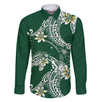 Polynesian Hawaiian Plumeria Tribal Pattern Family Matching Off The Shoulder Long Sleeve Dress and Hawaiian Shirt Green Version LT01 Dad's Shirt - Long Sleeve Green - Polynesian Pride