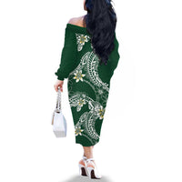 Polynesian Hawaiian Plumeria Tribal Pattern Family Matching Off The Shoulder Long Sleeve Dress and Hawaiian Shirt Green Version LT01 - Polynesian Pride