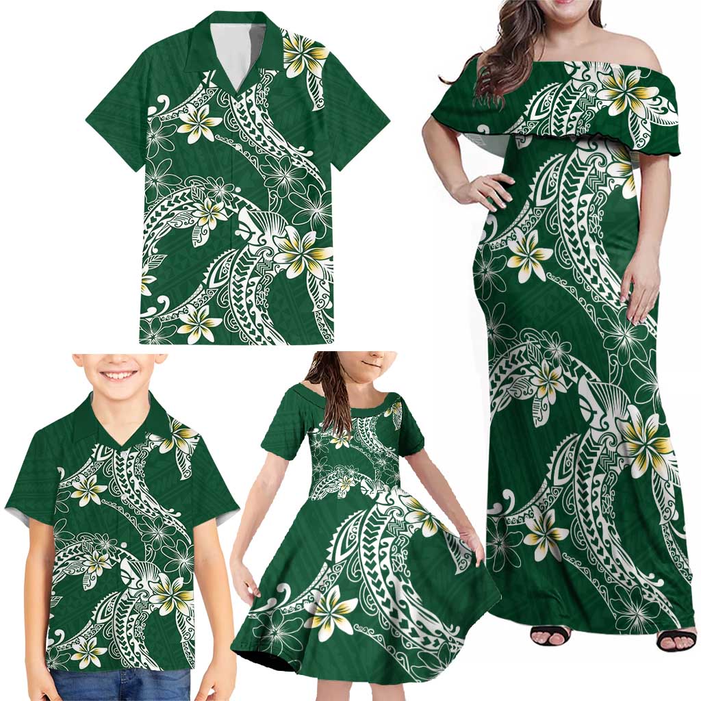 Polynesian Hawaiian Plumeria Tribal Pattern Family Matching Off Shoulder Maxi Dress and Hawaiian Shirt Green Version LT01 - Polynesian Pride