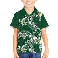 Polynesian Hawaiian Plumeria Tribal Pattern Family Matching Off Shoulder Maxi Dress and Hawaiian Shirt Green Version