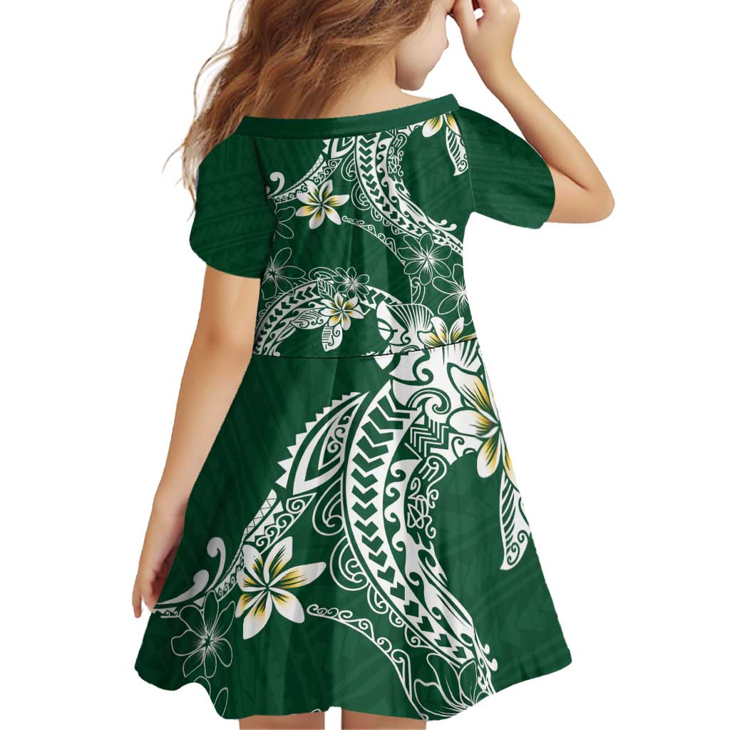 Polynesian Hawaiian Plumeria Tribal Pattern Family Matching Off Shoulder Short Dress and Hawaiian Shirt Green Version
