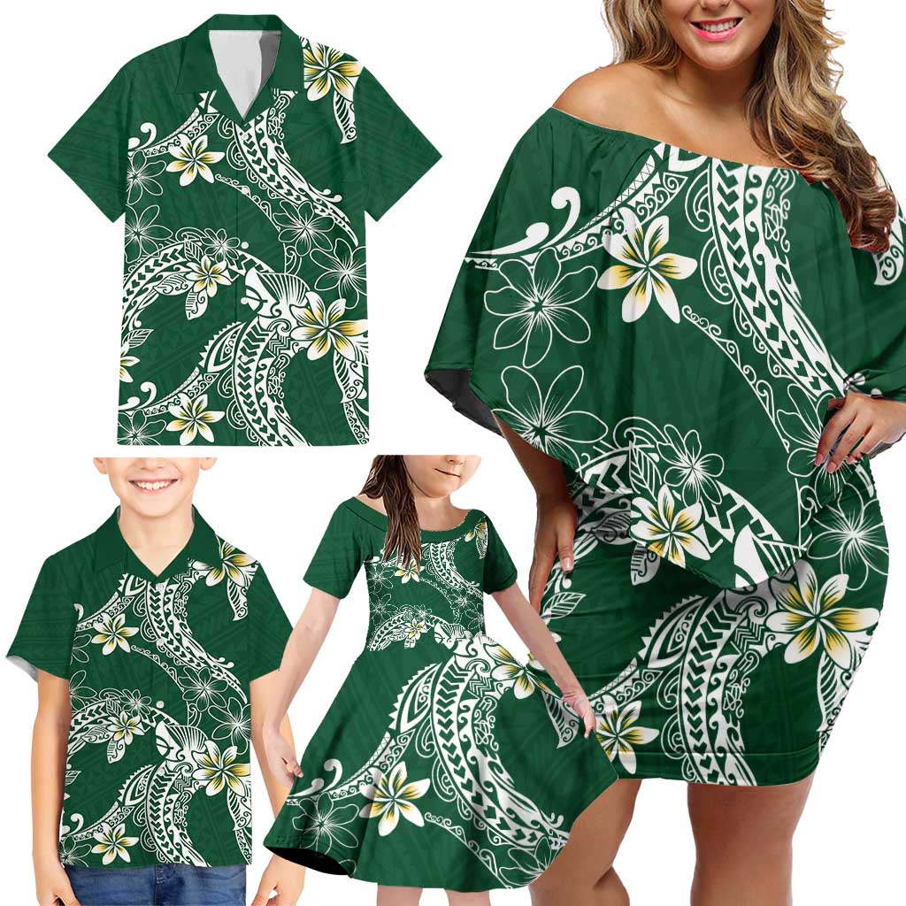 Polynesian Hawaiian Plumeria Tribal Pattern Family Matching Off Shoulder Short Dress and Hawaiian Shirt Green Version LT01 - Polynesian Pride