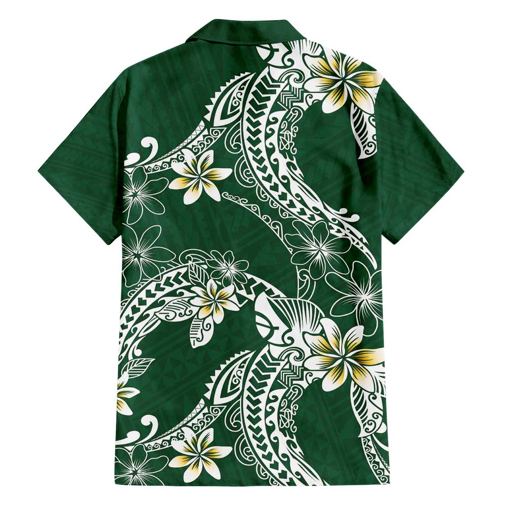 Polynesian Hawaiian Plumeria Tribal Pattern Family Matching Off Shoulder Short Dress and Hawaiian Shirt Green Version