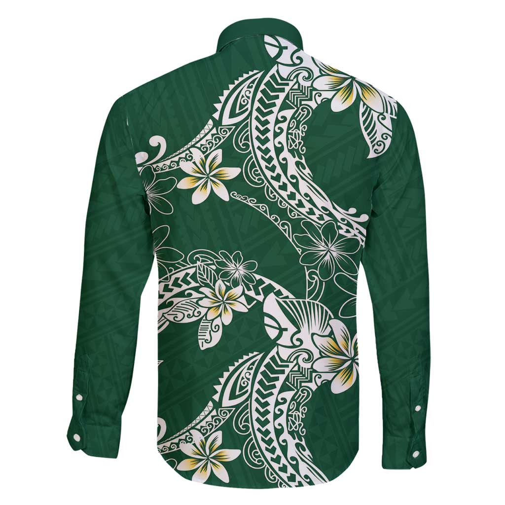 Polynesian Hawaiian Plumeria Tribal Pattern Family Matching Off Shoulder Short Dress and Hawaiian Shirt Green Version