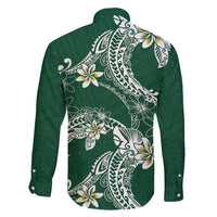 Polynesian Hawaiian Plumeria Tribal Pattern Family Matching Off Shoulder Short Dress and Hawaiian Shirt Green Version