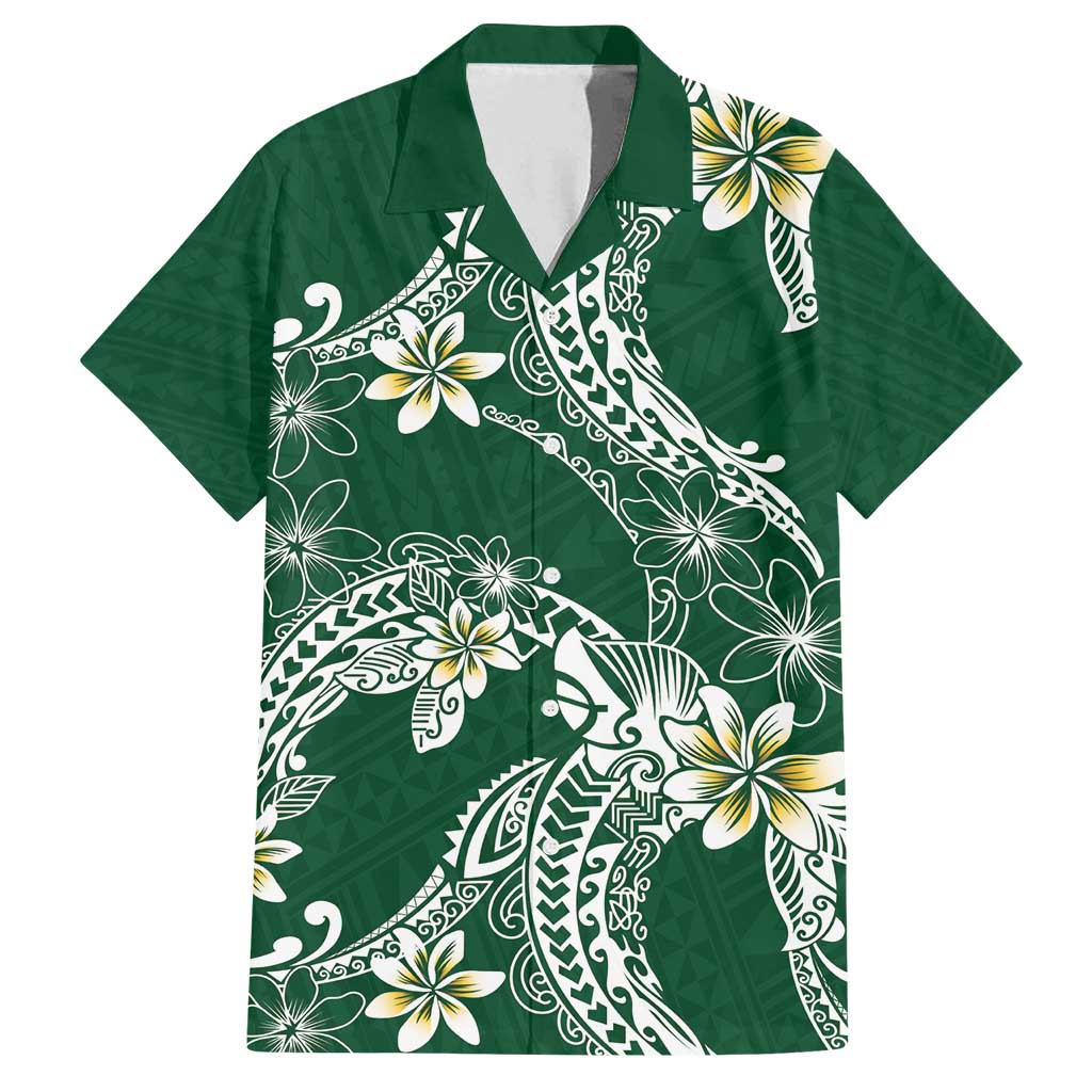 Polynesian Hawaiian Plumeria Tribal Pattern Family Matching Puletasi and Hawaiian Shirt Green Version