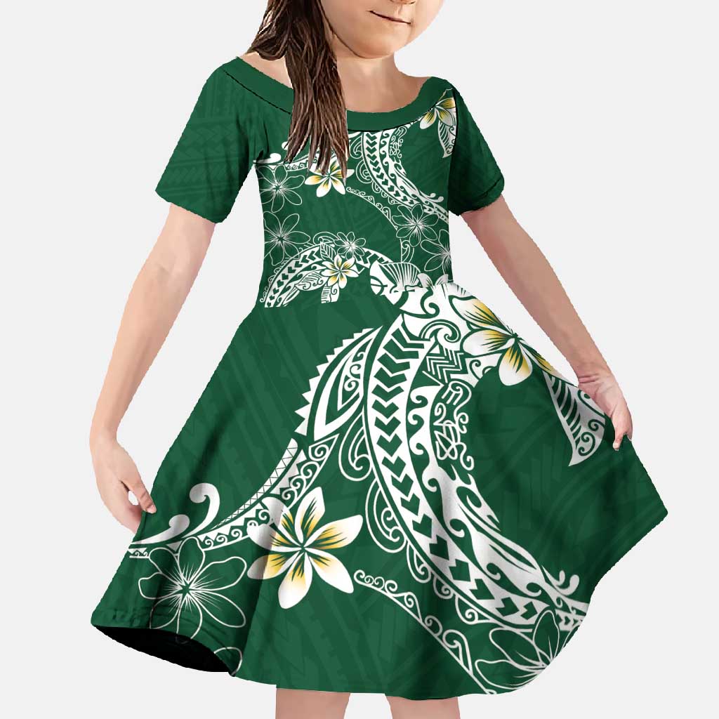 Polynesian Hawaiian Plumeria Tribal Pattern Family Matching Short Sleeve Bodycon Dress and Hawaiian Shirt Green Version LT01 Daughter's Dress Green - Polynesian Pride