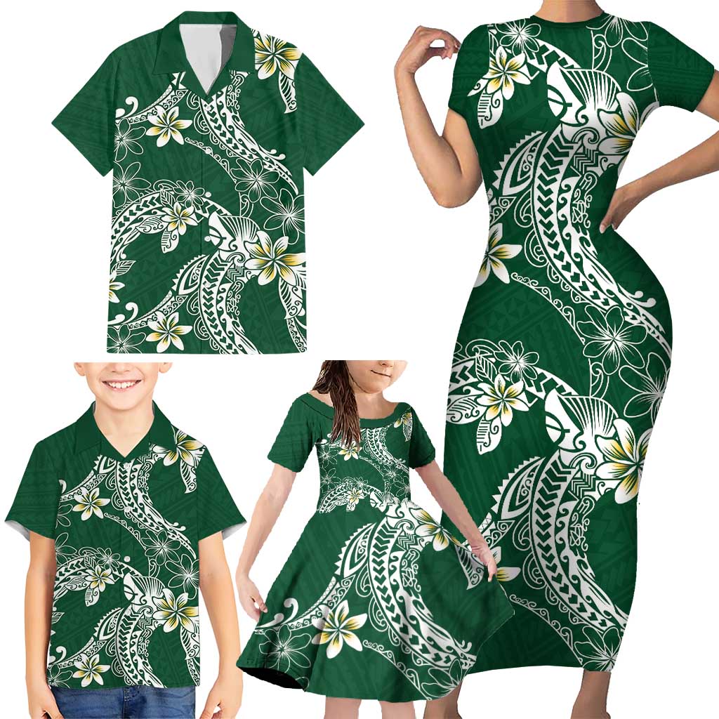Polynesian Hawaiian Plumeria Tribal Pattern Family Matching Short Sleeve Bodycon Dress and Hawaiian Shirt Green Version LT01 - Polynesian Pride