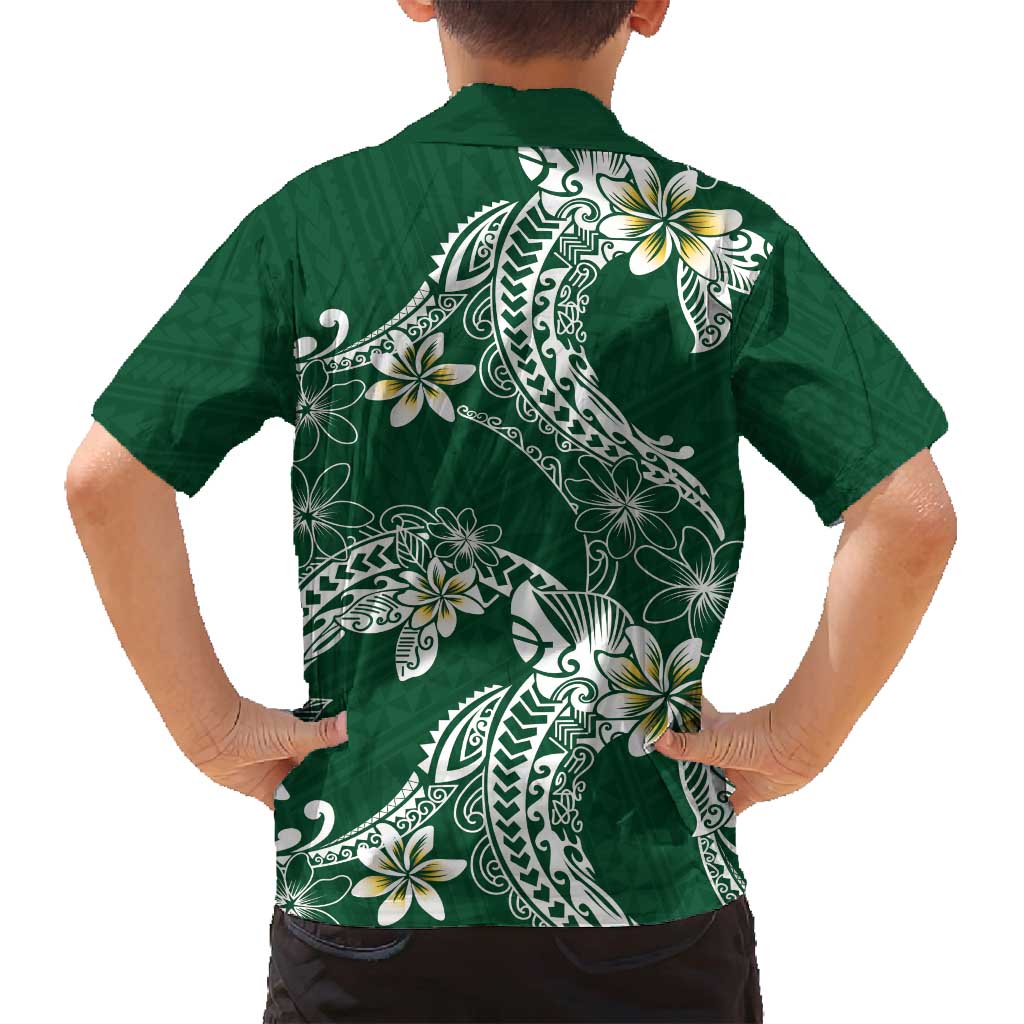 Polynesian Hawaiian Plumeria Tribal Pattern Family Matching Summer Maxi Dress and Hawaiian Shirt Green Version
