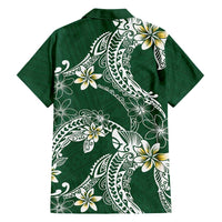Polynesian Hawaiian Plumeria Tribal Pattern Family Matching Summer Maxi Dress and Hawaiian Shirt Green Version