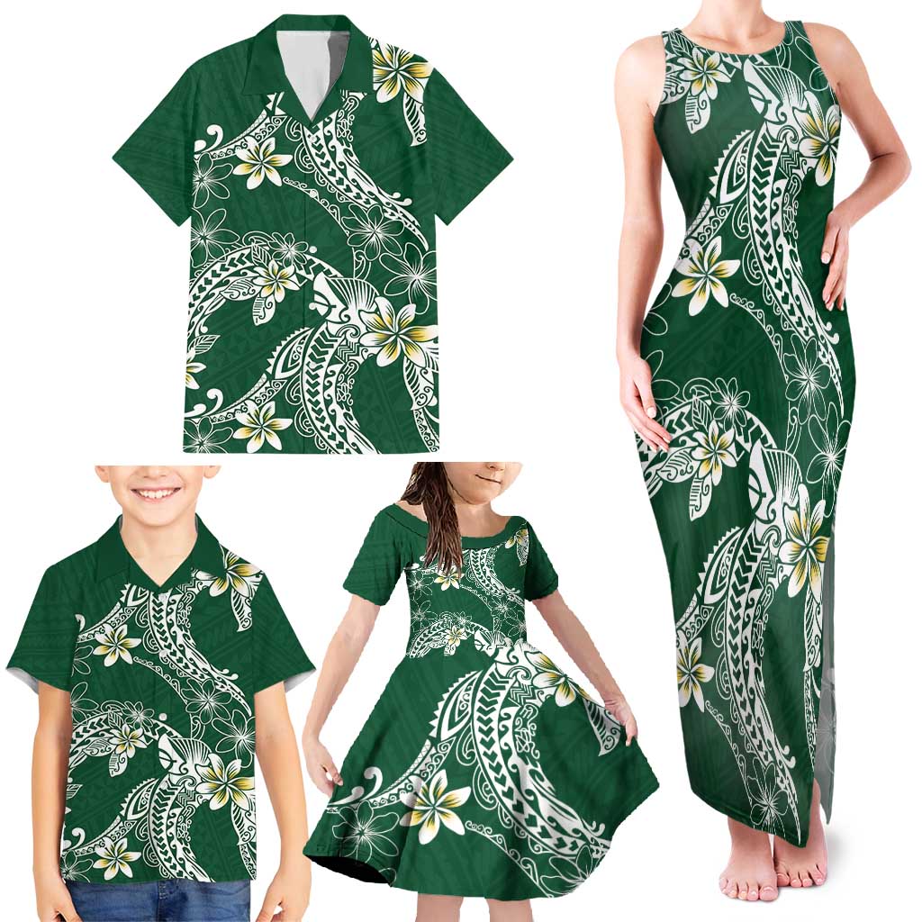 Polynesian Hawaiian Plumeria Tribal Pattern Family Matching Tank Maxi Dress and Hawaiian Shirt Green Version LT01 - Polynesian Pride