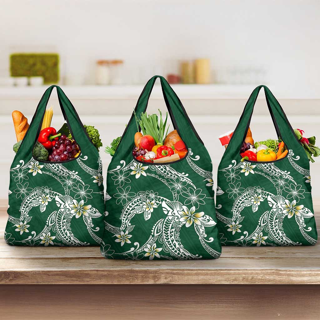 Polynesian Hawaiian Plumeria Tribal Pattern Grocery Bag Green Version