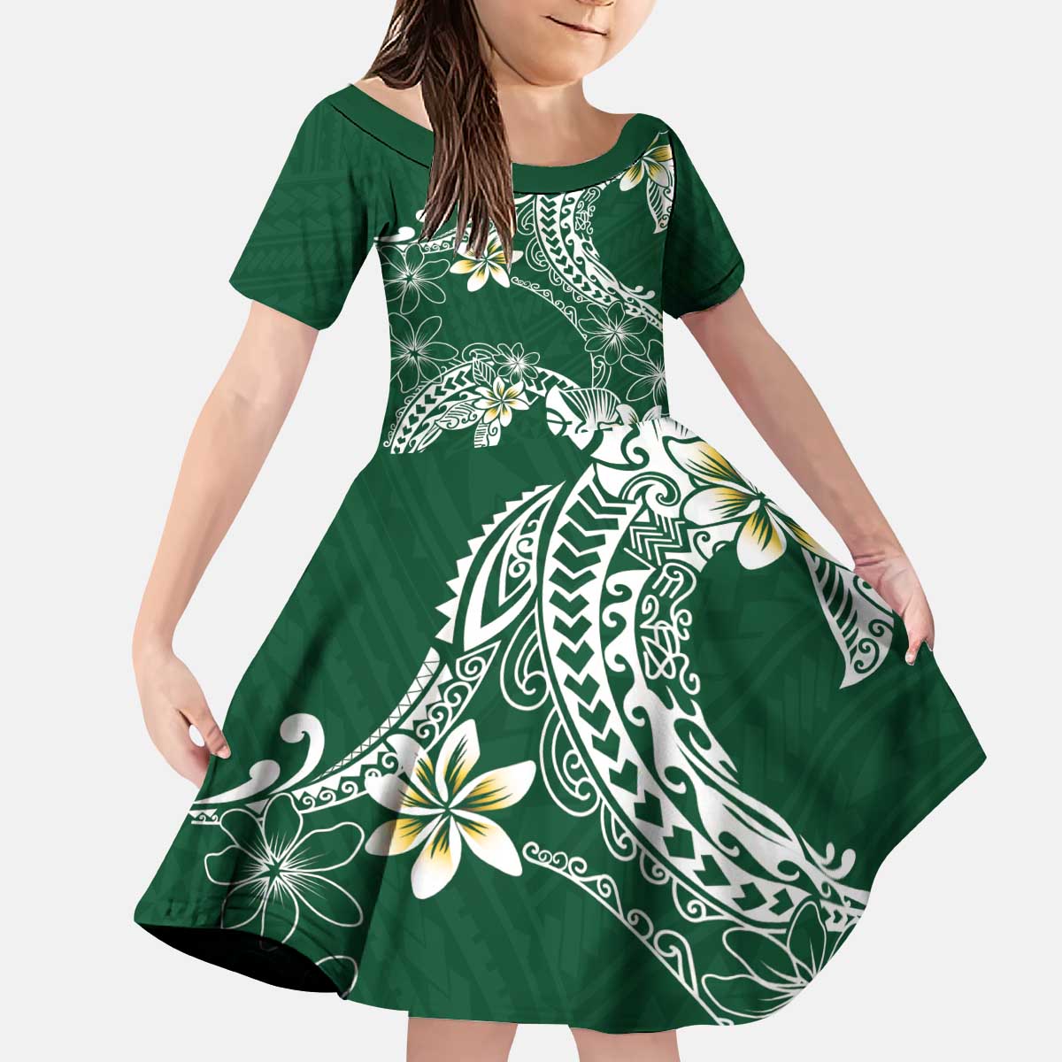 Polynesian Hawaiian Plumeria Tribal Pattern Kid Short Sleeve Dress Green Version