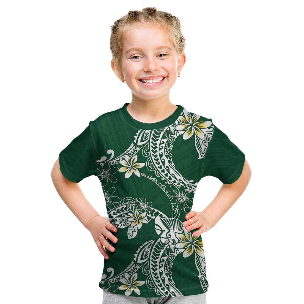 Polynesian Hawaiian Plumeria Tribal Pattern Kid T Shirt Green Version