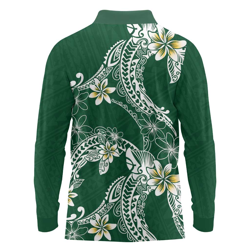 Polynesian Hawaiian Plumeria Tribal Pattern Long Sleeve Polo Shirt Green Version