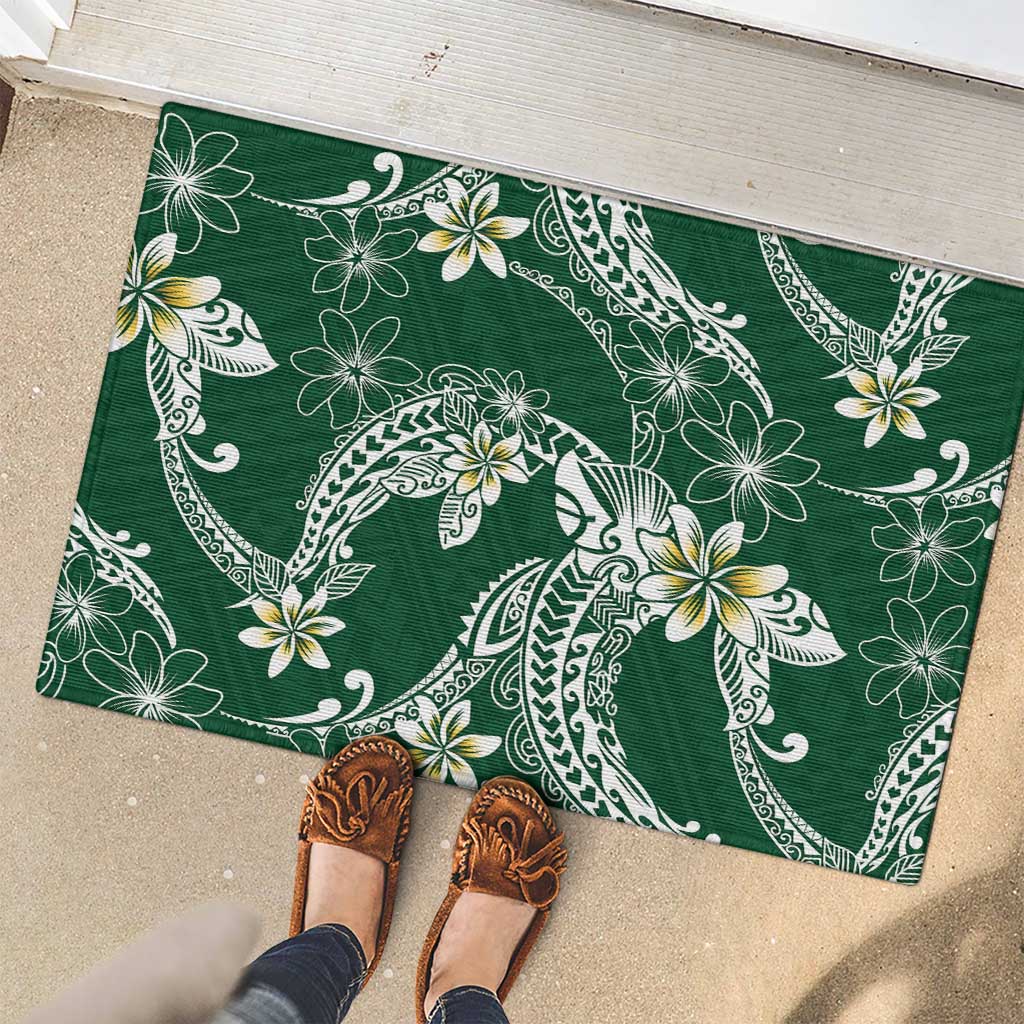 Polynesian Hawaiian Plumeria Tribal Pattern Rubber Doormat Green Version