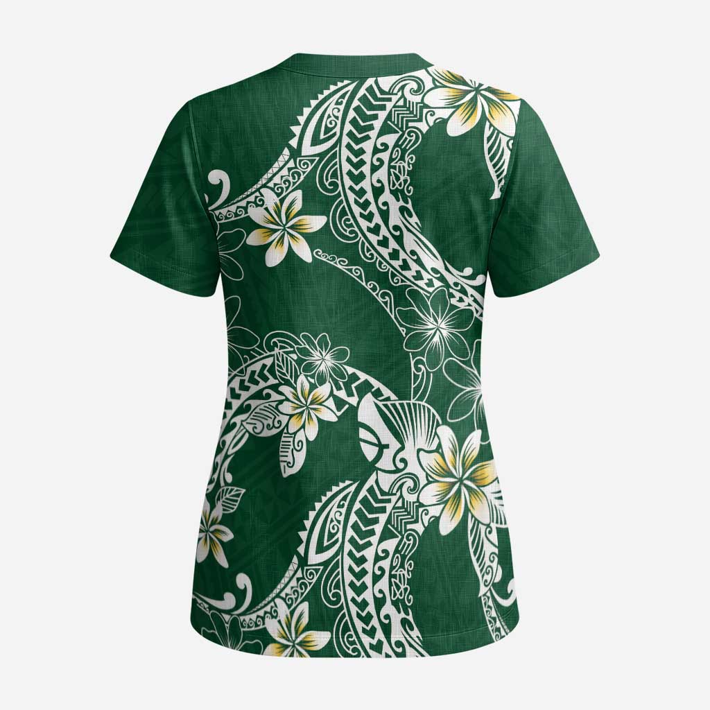 Polynesian Hawaiian Plumeria Tribal Pattern Scrub Top Green Version - Polynesian Pride