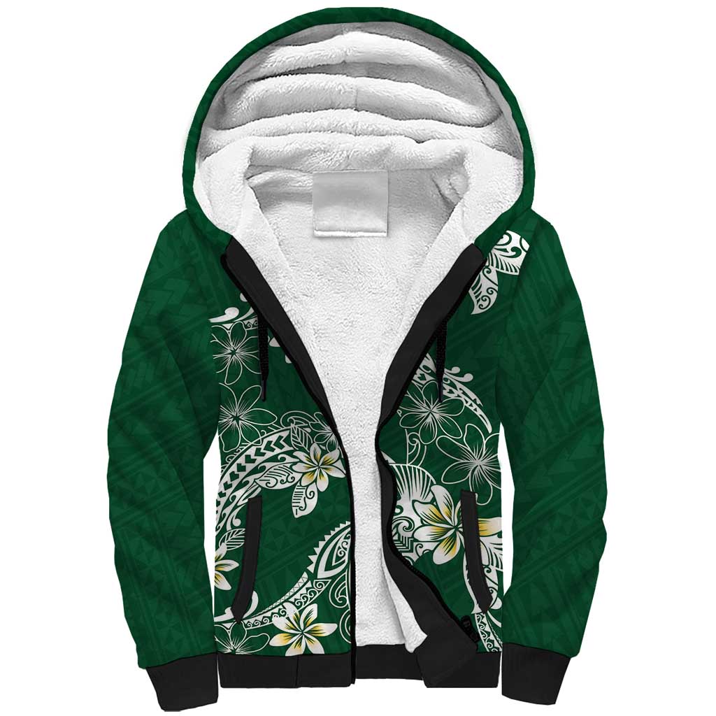 Polynesian Hawaiian Plumeria Tribal Pattern Sherpa Hoodie Green Version