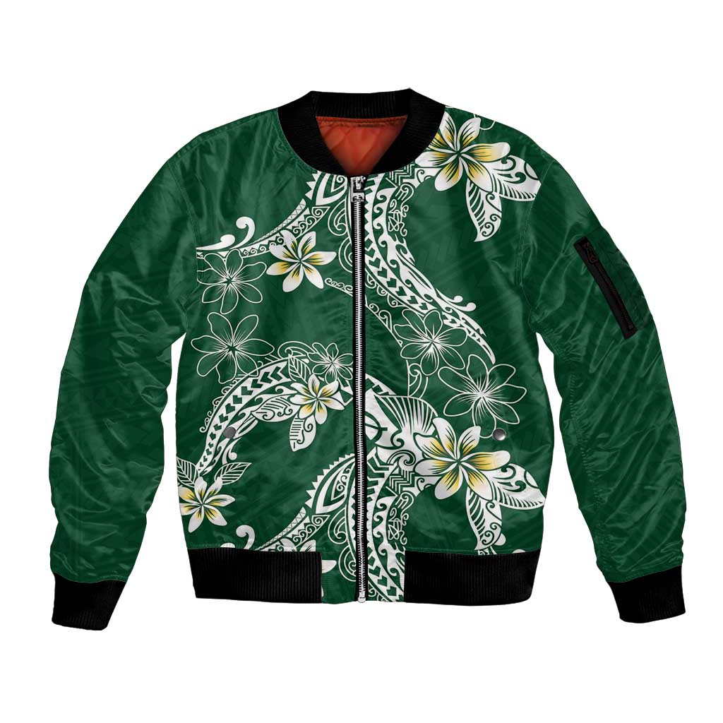 Polynesian Hawaiian Plumeria Tribal Pattern Sleeve Zip Bomber Jacket Green Version LT01 Unisex Green - Polynesian Pride