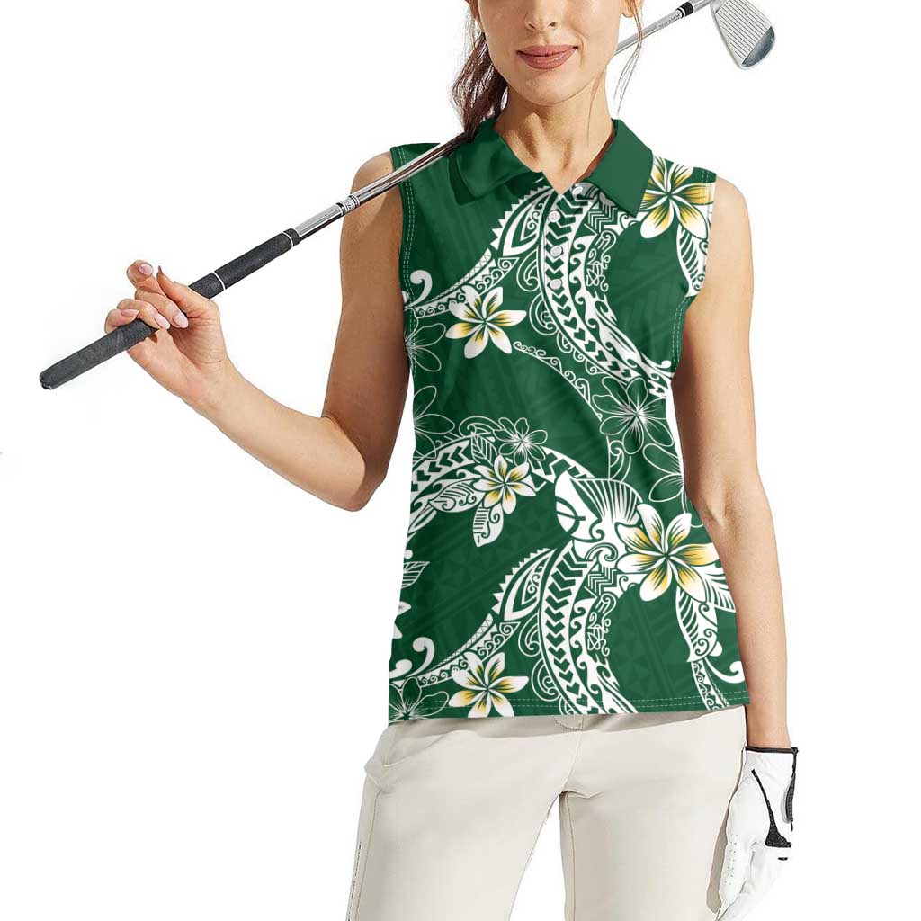 Polynesian Hawaiian Plumeria Tribal Pattern Women Sleeveless Polo Shirt Green Version