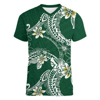 Polynesian Hawaiian Plumeria Tribal Pattern Women V-Neck T-Shirt Green Version