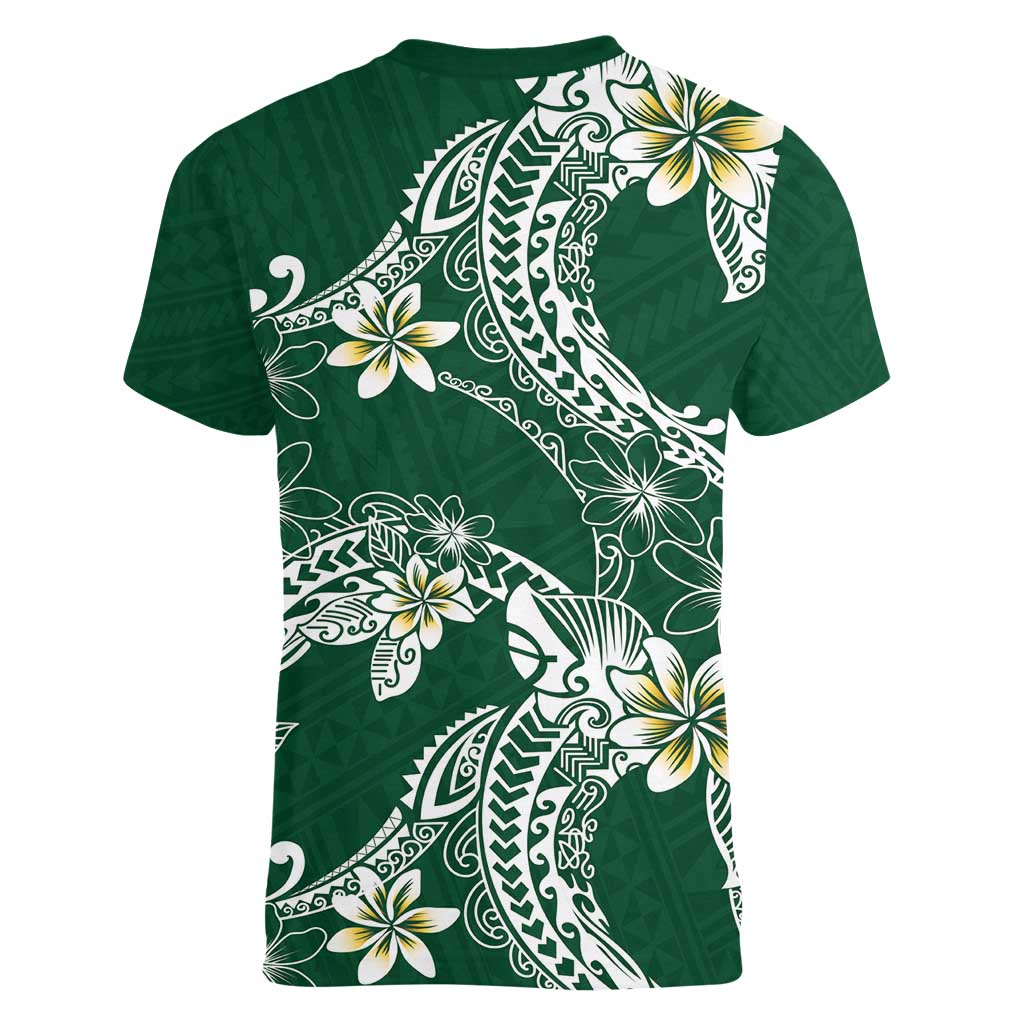 Polynesian Hawaiian Plumeria Tribal Pattern Women V-Neck T-Shirt Green Version