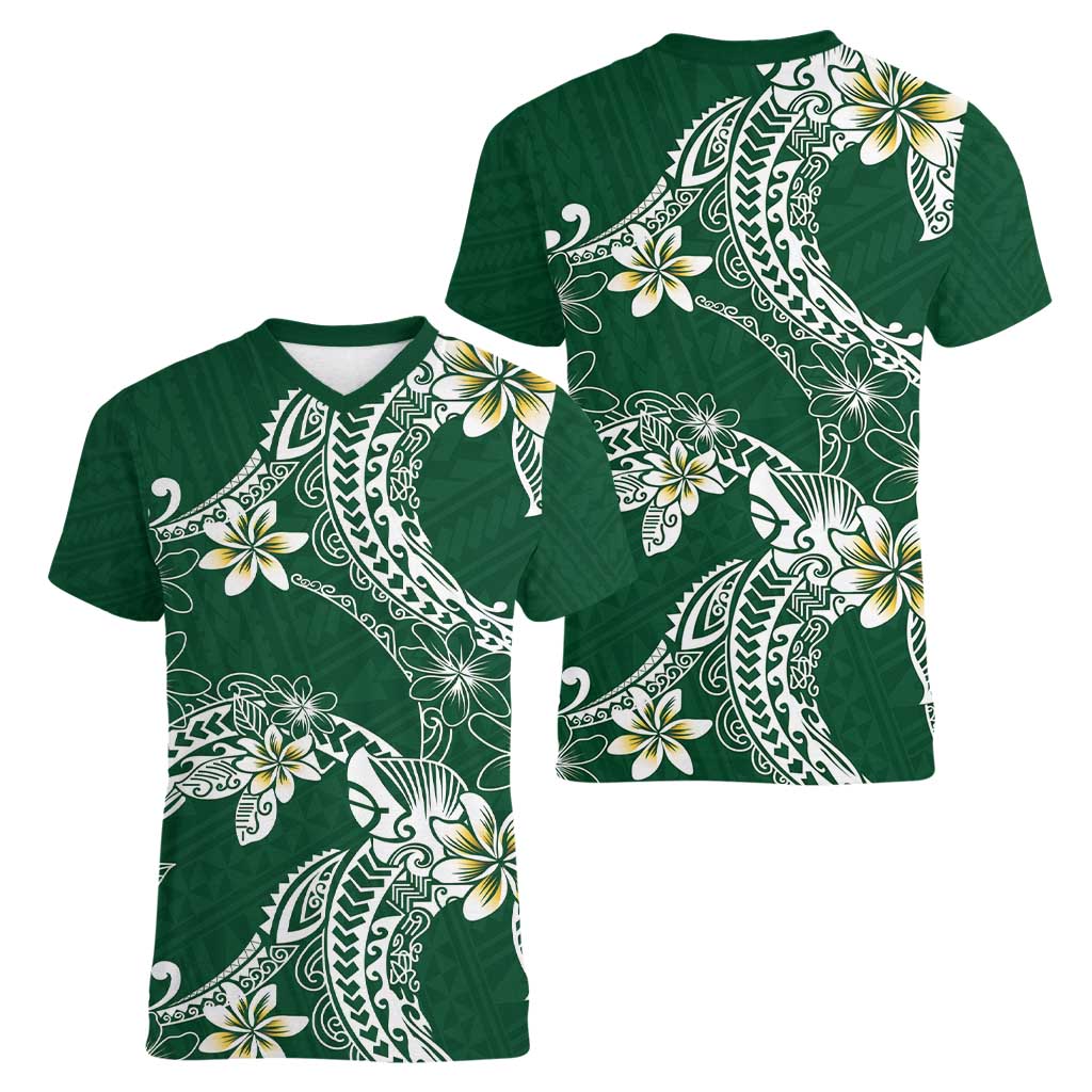 Polynesian Hawaiian Plumeria Tribal Pattern Women V-Neck T-Shirt Green Version